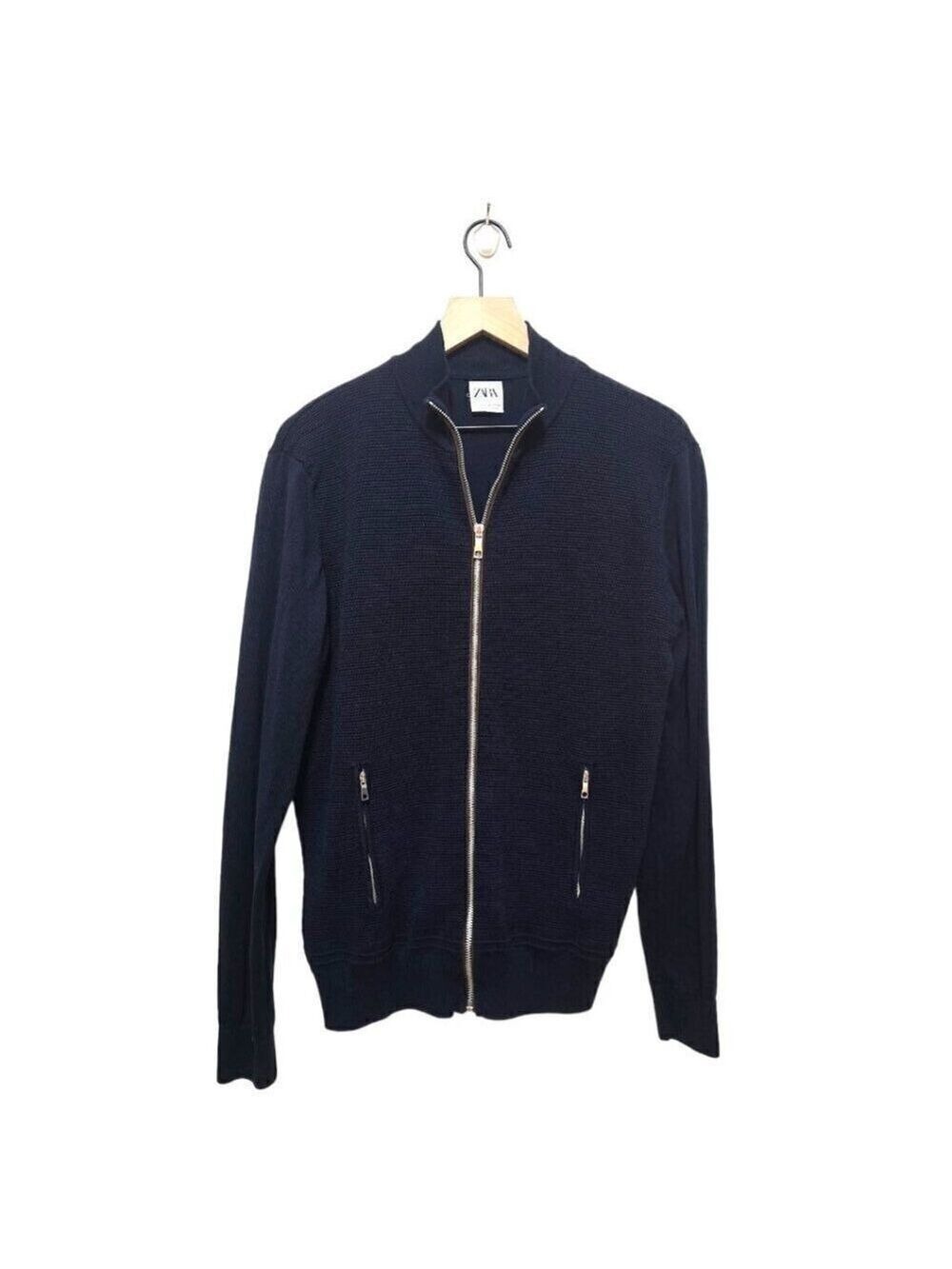 Zara Navy Mock Neck Ribbed Knit Long Sleeve Lightweight Zip Jacket Sz M